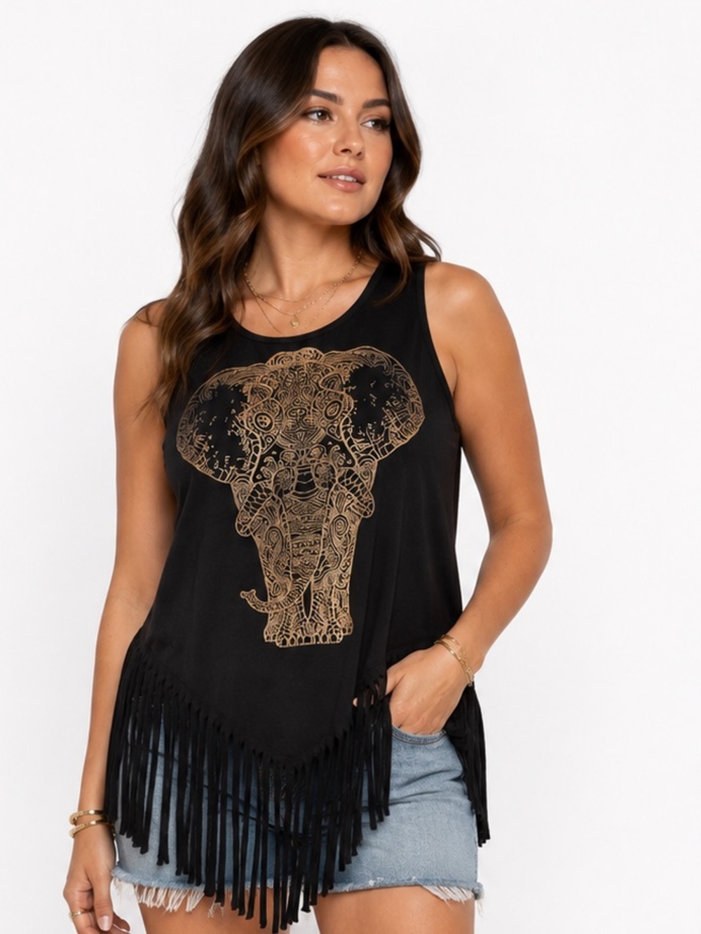 Belle du Jour Black Elephant Graphic Fringe Tank Top Size XS Boho Festival Style